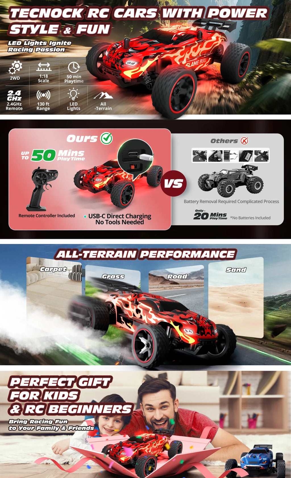 RC Cars Remote Control Car for Kids, 1:18 Scale 20 KM/H 2WD Offroad Buggy, 2.4GHz RC Racing Car with USB-C Easy Charging