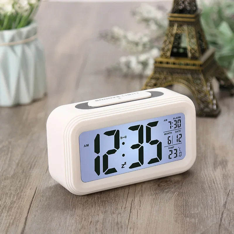 Alarm Clock Desktop Digital Clock LCD Large Screen Temperature Calendar Nightlight Wake-up Student Snooze Clock 12/24H Bedrooms